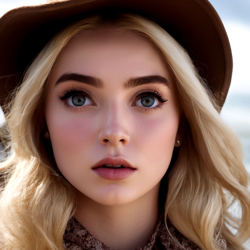A close-up portrait of a beautiful, surprised-looking blonde woman. The woman's expressive, wide-open eyes are the central focus, conveying a sense of wonder or astonishment. The details of her facial features, such as her delicate skin, full lips, and arched eyebrows, are rendered with a high level of realism and clarity, further emphasizing the emotion and intensity of her surprised expression.