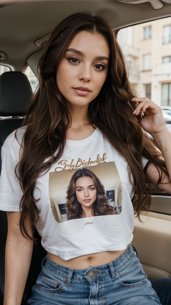 29 year old woman, long brown hair a little curly, Brown eyes, visage parfait, professional makeup like model, C et portant un t-shirt en voiture