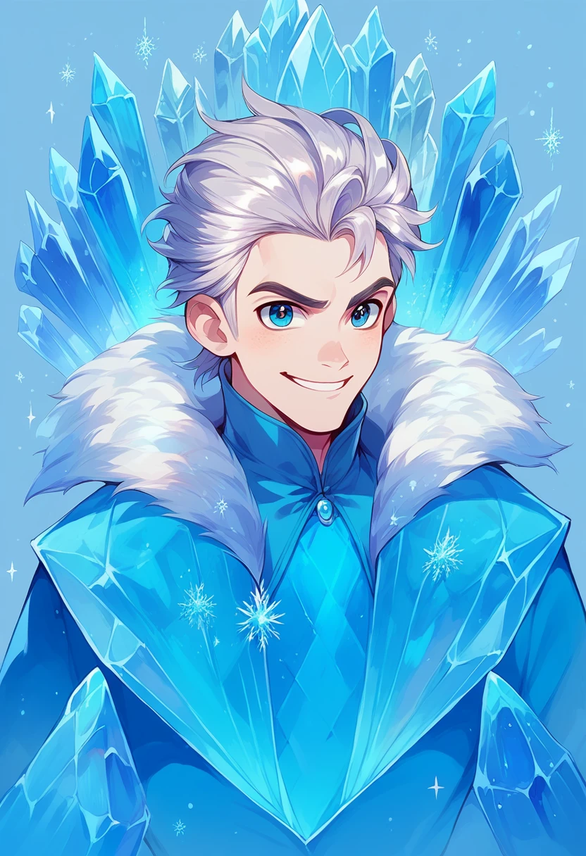 Man surrounded by crystal ice and frozen flowers, Silver hair and crystal blue eyes, with a diamond on his forehead. Have a ice and nature power. Fully body, smiling