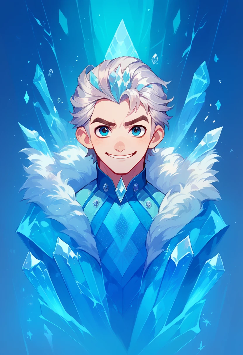 Man surrounded by crystal ice and frozen flowers, Silver hair and crystal blue eyes, with a diamond on his forehead. Have a ice and nature power. Fully body, smiling