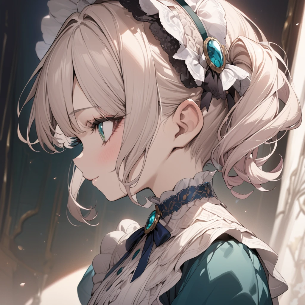 Platinum Blonde hair,curls,(emerald green eyes),long eyelashes,(light pink victorian dress),puffy short sleeves,frilled dress,frilly wide brimmed Bonnet with bows,bustshot,masterpiece,highress,soft smile,bishoujo,peterpan collar,profile,white accents,white trim,white frills,curly side ponytail,short hair,