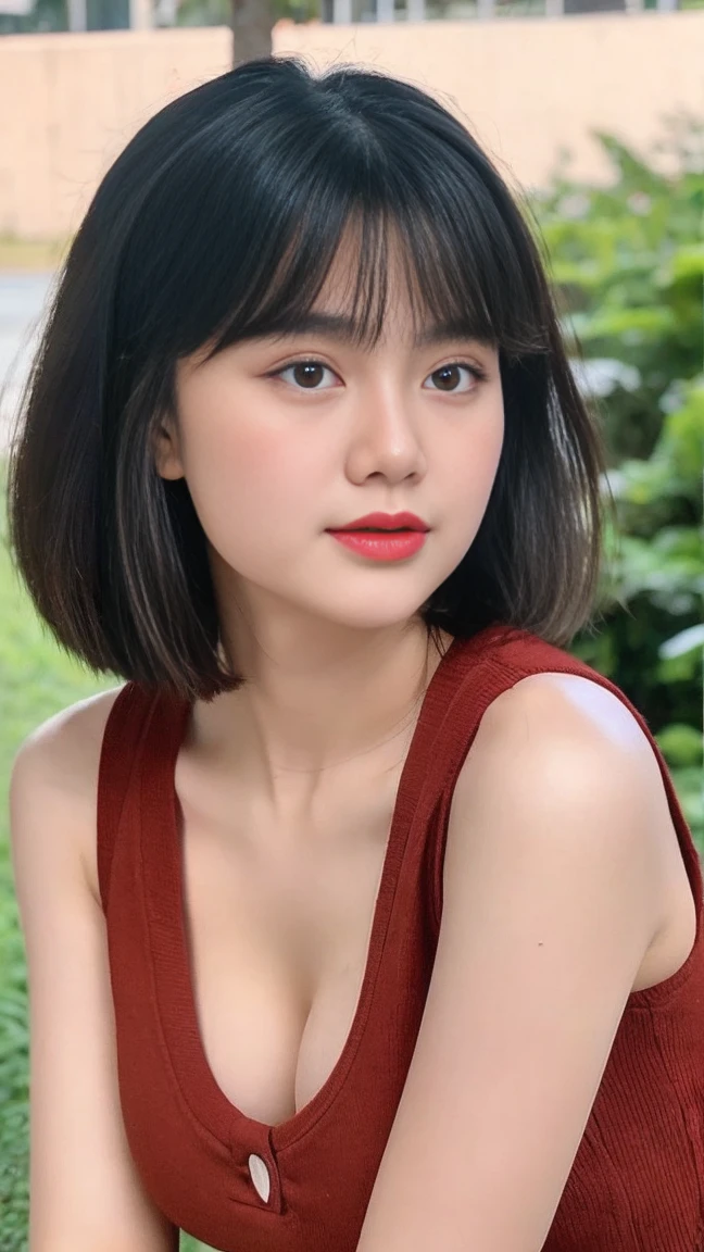 Photo Of Kayes , Indonesian Influencer , Beautiful 18 Years Old, Red Lipstick, sensual Lipstick, Sensational Make up artist, Large Breast , Hime Cut Hairstyle