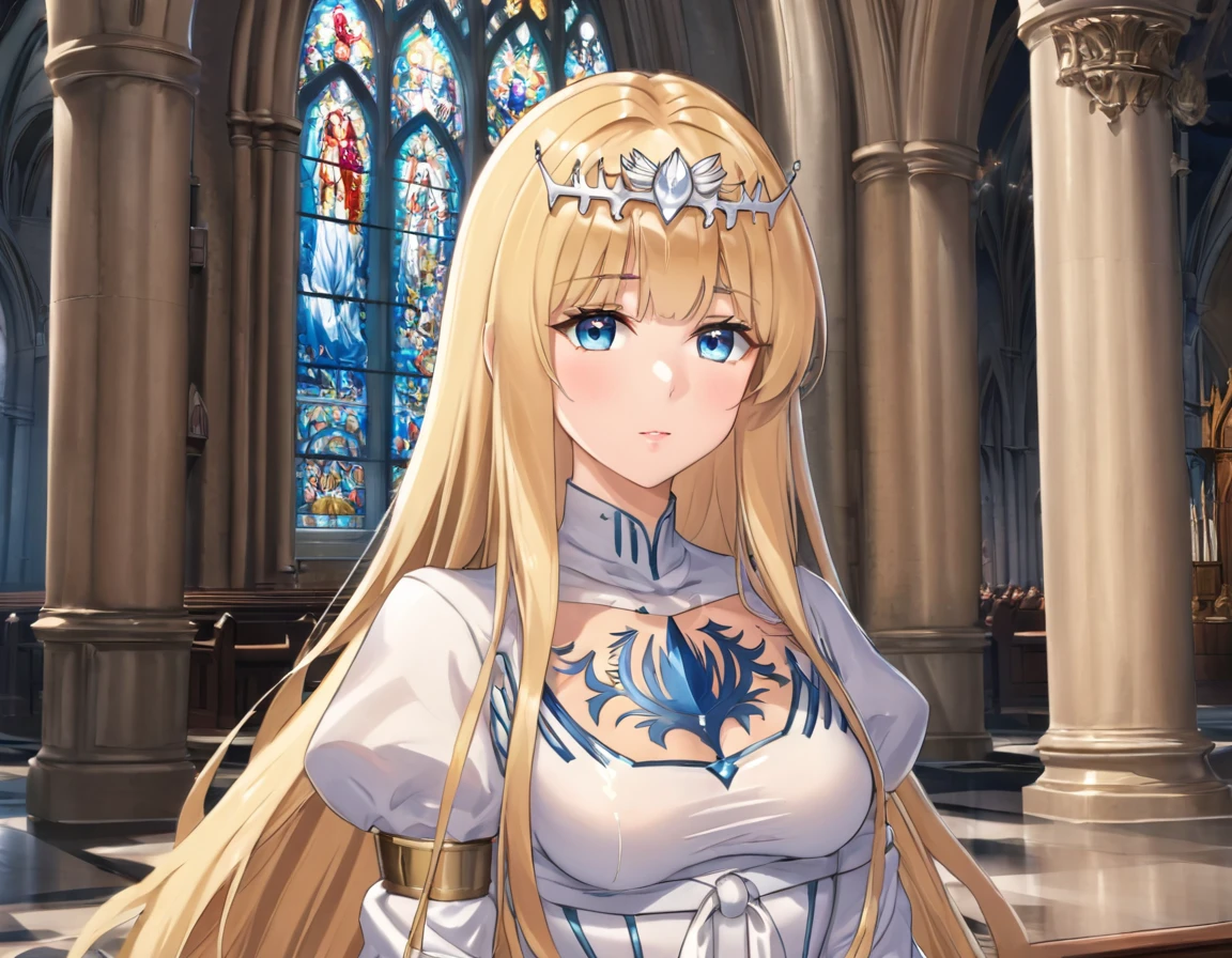 1girl,solo, calca, blonde hair, ,( extremely long hair:1.2), very long hair, extra long hair, white tiara, white dress, blue eyes,Calca Bessarez, medium breast,Calca, indoor, church, cathedral, stained glass, close up