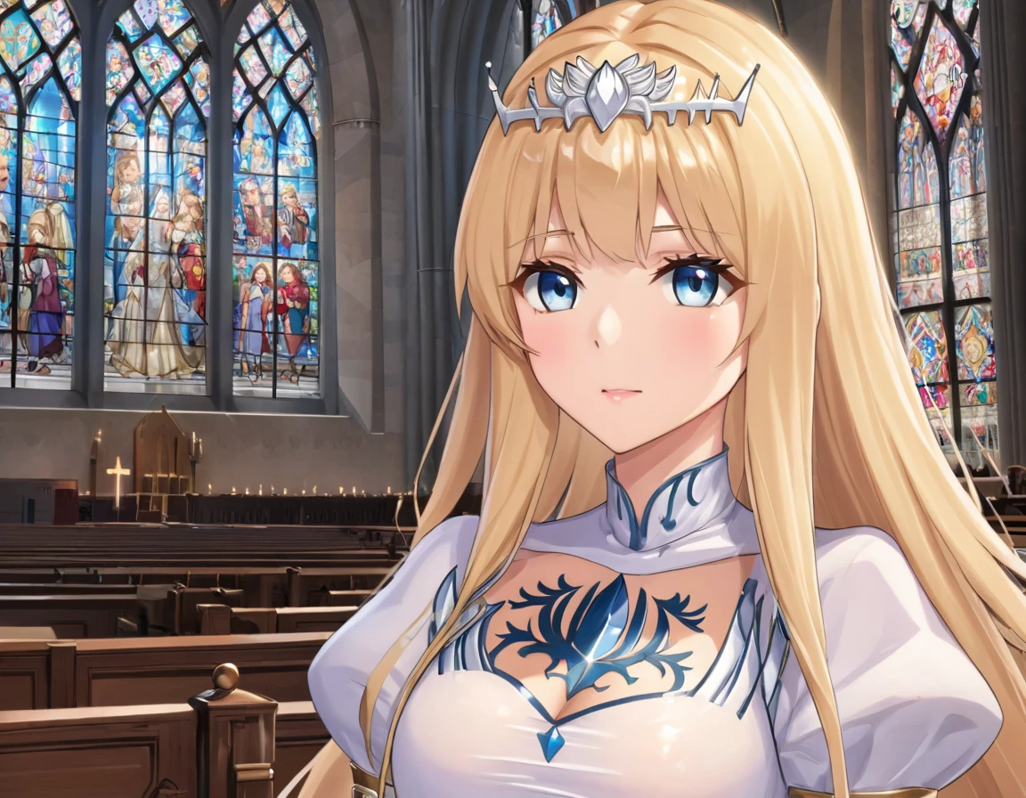 1girl,solo, calca, blonde hair, ,( extremely long hair:1.2), very long hair, extra long hair, white tiara, white dress, blue eyes,Calca Bessarez, medium breast,Calca, indoor, church, cathedral, stained glass, close up