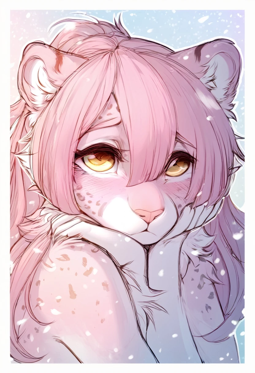 feline, mammal, anthro, anthromorphic, snow, leopard, fur, furred_anthro, female, female, bangs, ear_tufts, pink_nose, paws, hair_tuft, hair_between_eyes, long_tail, fluffy, feline_ears, expressive_eyes, pink_hair, light looking_at_viewer, pink_fur, shy, small_pupils, spotted_pattern, digital_art, high_resolution, high_res, pastel_background, white_outline, white_border, sketch, rough sketch, sketched drawing, lineart