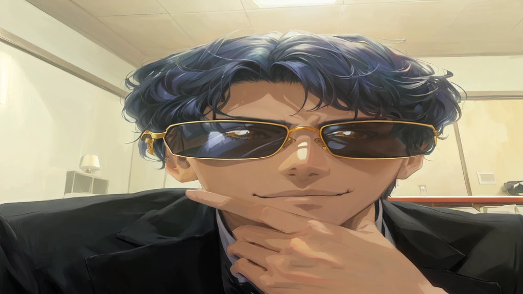 anime man with sunglasses and a suit sitting in a room, made with anime painter studio, painted in anime painter studio, kentaro miura manga art style, in an anime style, in style of kentaro miura, kentaro miura art style, artwork in the style of guweiz, in anime style, kentaro miura manga style