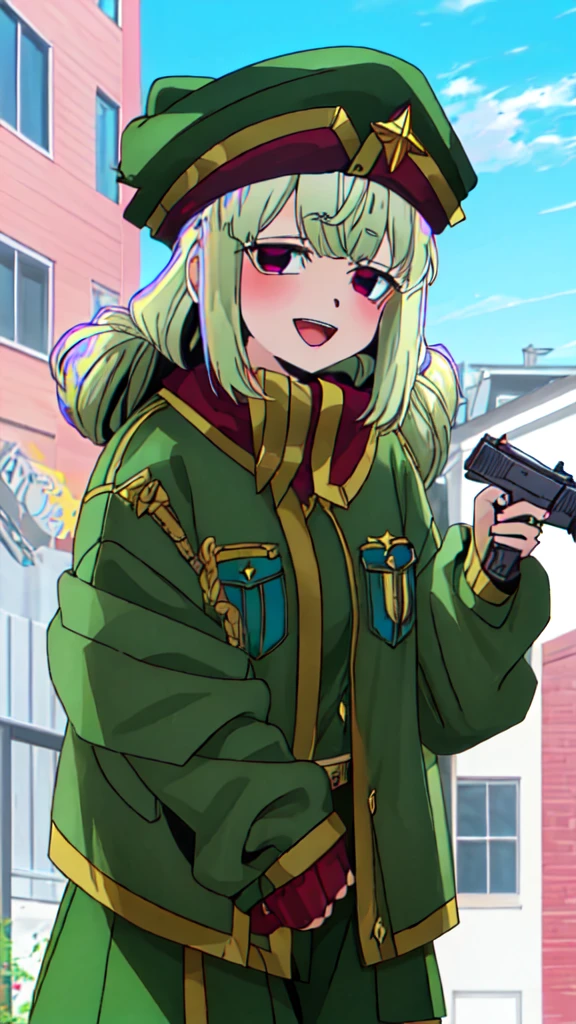 best quality, masterpiece, highres, solo, {kiwi_araga_mahoushoujoniakogarete:0.90}, 1girl, hat, blue_sky, cloud, green_headwear, day, green_jacket, long_sleeves, looking_at_viewer, outdoors, smile, blush, sleeves_past_fingers, blunt_bangs, closed_mouth, handgun, holding_gun, open_mouth