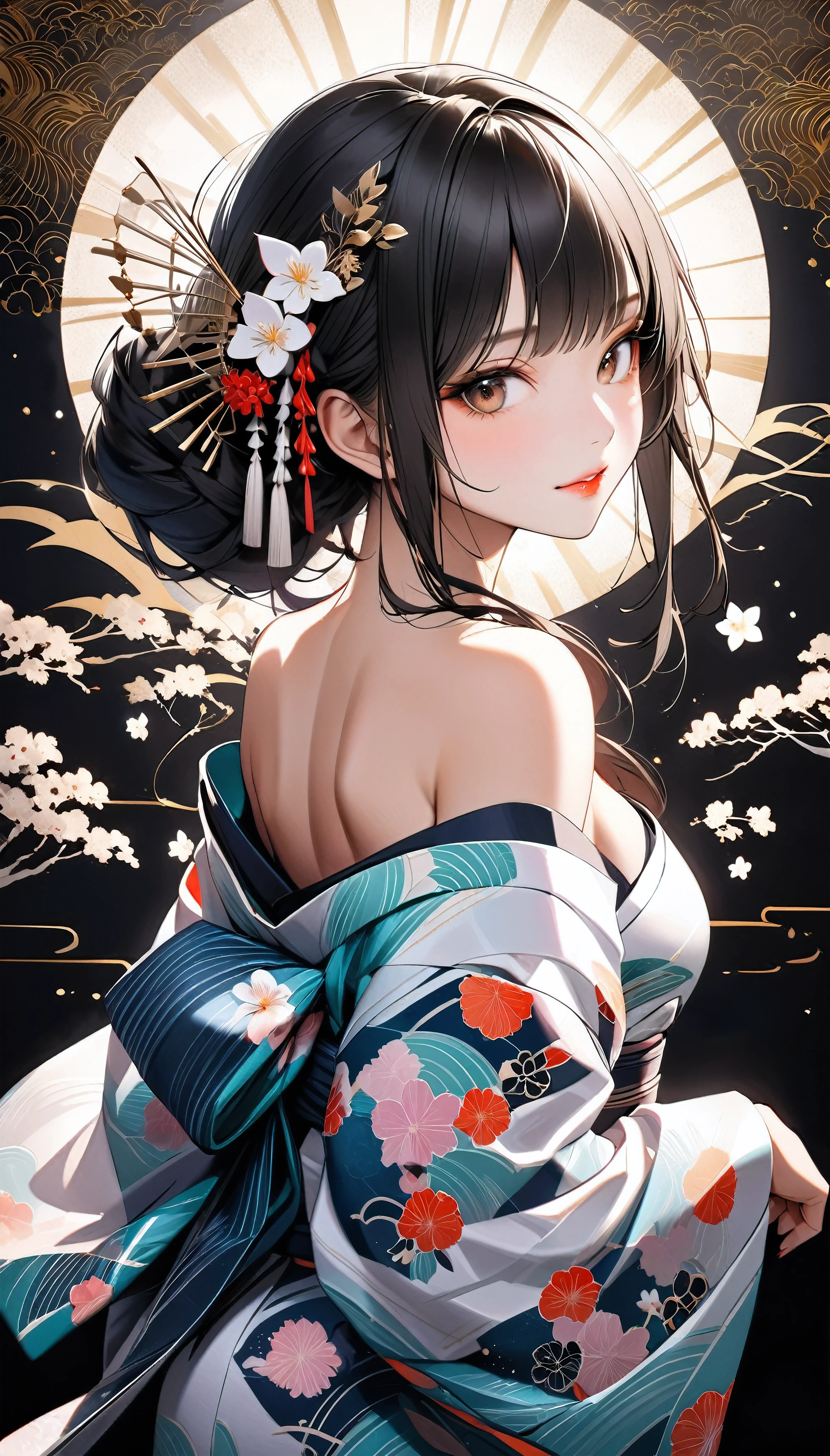 Attractive woman in traditional Japanese kimono, alone, Strapless off-shoulder kimono, Dark brownish black hair, Detailed and realistic skin texture, High contrast attractive skin tones, Captivating soft make-up, BREAK Luxury Japanese Kimono, Detailed silk texture, Silk luster, Fine and supple, Vibrant colors, Skin tension that accentuates cleavage, BREAK Gorgeous patterns on kimonos, Detailed and intricate coloring, Aesthetic high contrast, Healthy Skin, BREAK A bold composition that seduces the viewer, Absurd aesthetics, BREAK Rear shot,