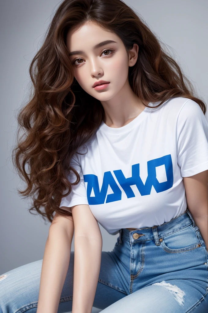 ((Best resolution)), ((high quality:1.2)), Work of art, 8k, extremely detailed, ((High detail:1.2)), solo, 1 girl, full body shot photo of an israeli long curly brown haired woman ,wearing white t-shirt with israeli flag, and short blue denim pants, looking at the camera, cinemtaic lighting,