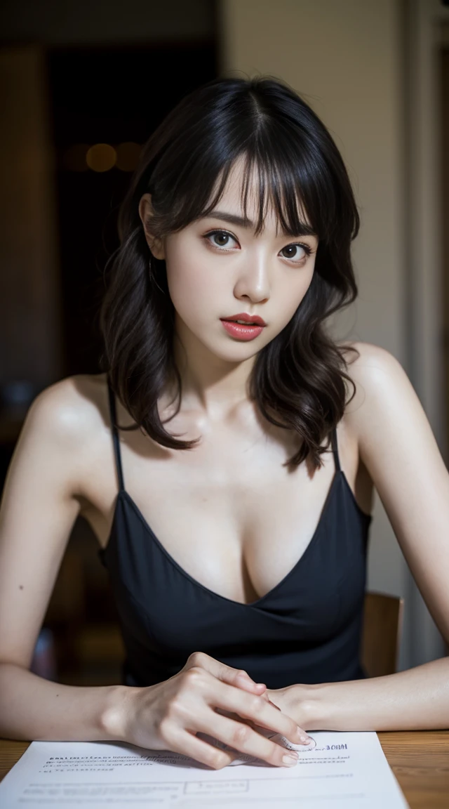 Highly detailed CG Unity 8K wallpaper, best quality, Super detailed, On the table, actual, photo-actual, Detailed cute girl, 25 years old, ,, whole body, ,Large Breasts,Black eyes,rubber dress