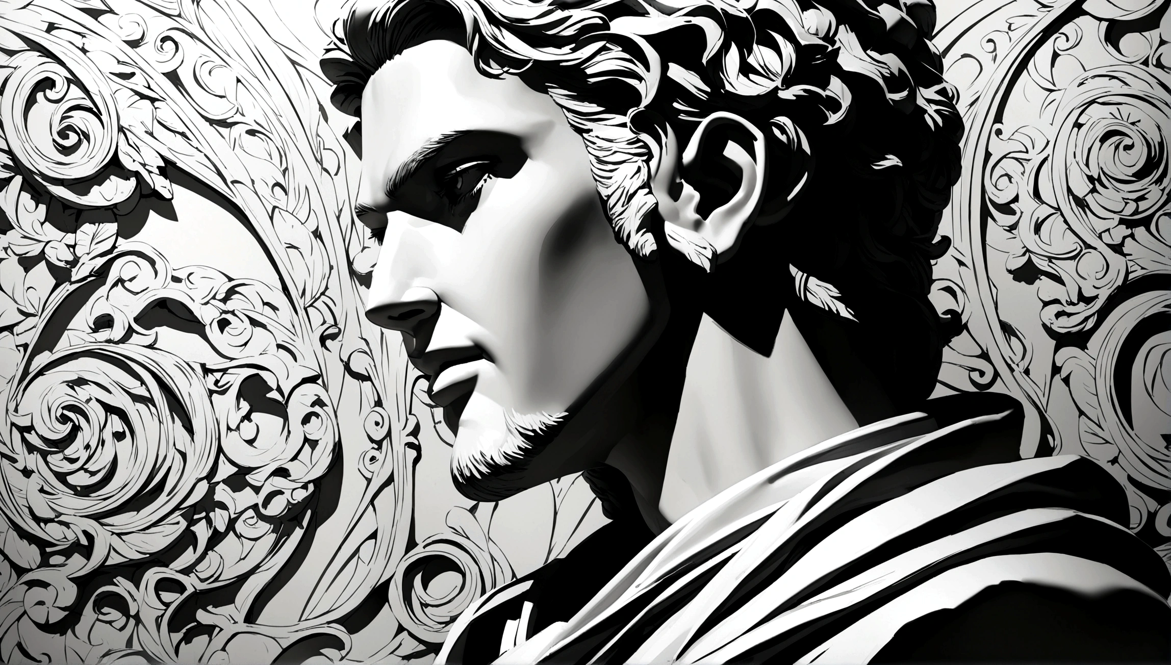 A Portrait Statue of the Stoic Marcus Aurelius in Black and White 4K,Face lateral, super realistic wallpaper