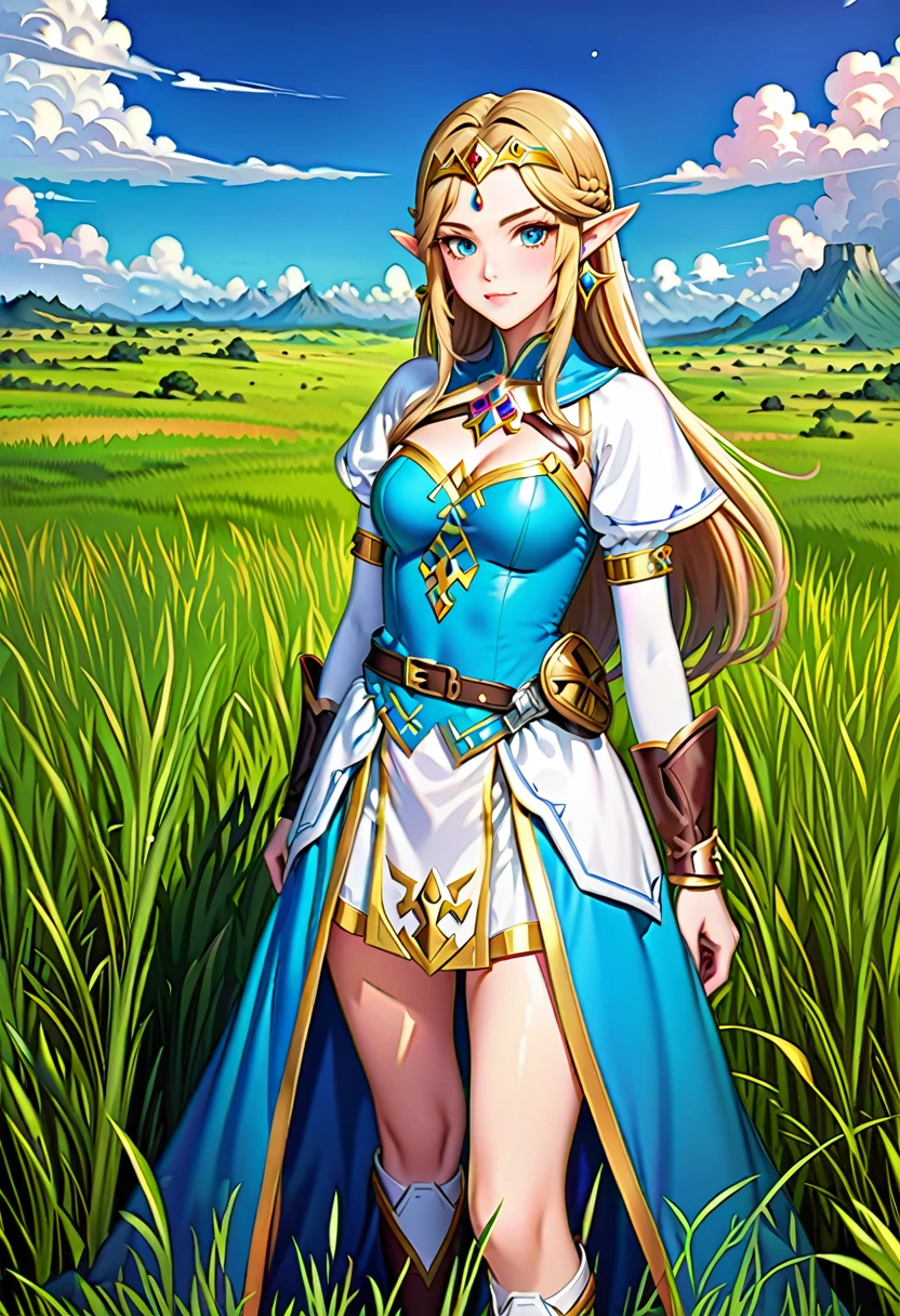  Princess Zelda,cowboy_shot,looking_at_the viewer,bule sky,grassland, Super detailed