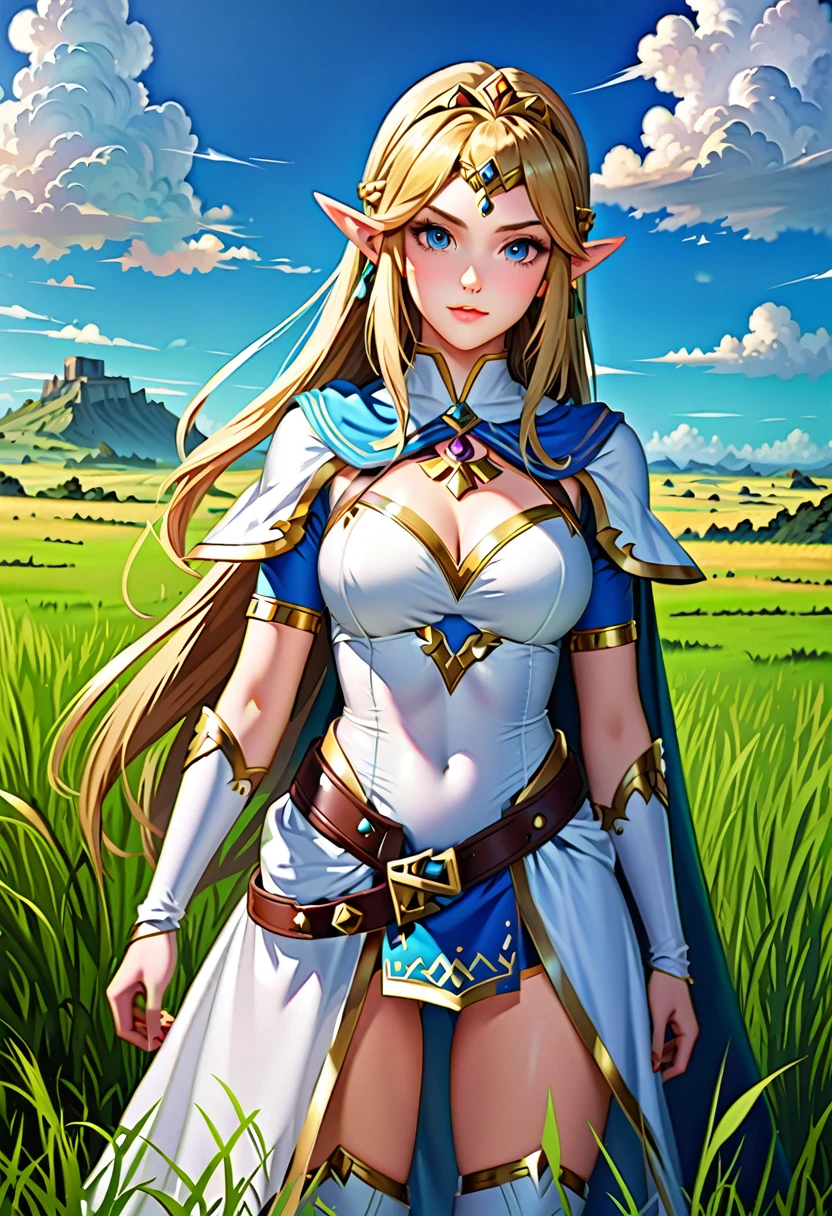  Princess Zelda,cowboy_shot,looking_at_the viewer,bule sky,grassland, Super detailed