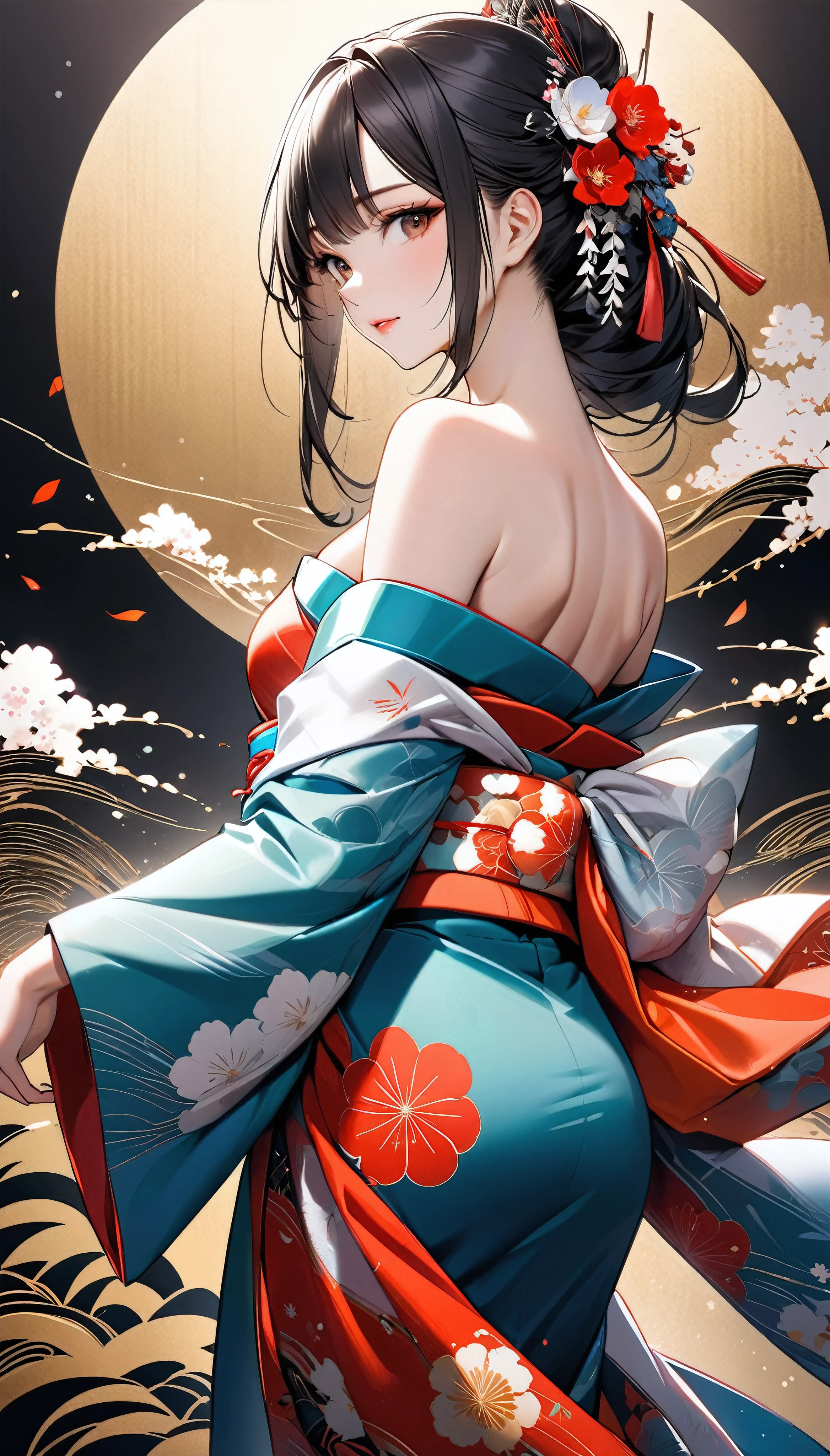 Sexy back, Attractive woman in traditional Japanese kimono, alone, Strapless off-shoulder kimono, Dark brownish black hair, Detailed and realistic skin texture, High contrast attractive skin tones, Captivating soft make-up, BREAK Luxury Japanese Kimono, Detailed silk texture, Silk luster, Fine and supple, Vibrant colors, Skin tension that accentuates cleavage, BREAK Gorgeous patterns on kimonos, Detailed and intricate coloring, Aesthetic high contrast, Healthy Skin, BREAK A bold composition that seduces the viewer, Absurd aesthetics, BREAK Full Body Shot,