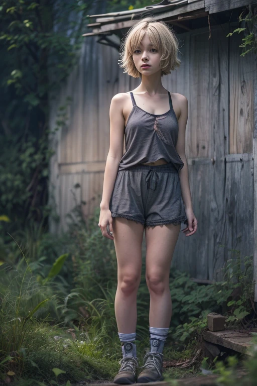 french girl, 17yo, detailed blush face, perfect anatomy, very cute, dynamic pose, dark, sexy look, sweaty underwear, against the backdrop of an abandoned house, overgrown with moss and bushes, nightfall, night, side view, sharp focus, engraved short top "an eagle" and short bloomers, young and cute face, short blonde hair, gray blue eyes, thin, thin legs, thin hands, teenage, captivating gaze, small ass, small breasts, flat chest, visible leg muscles, small hairs on arms and legs