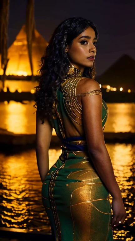 UHD realistic photography of a 35 year old Egyptian woman with bronze skin and a curvy body, woman wearing a biomechanical wrap dress embroidered with dragons, woman standing in a moving pose in front of a lake at night in the moonlight, looking into the camera, stands movingly facing the camera