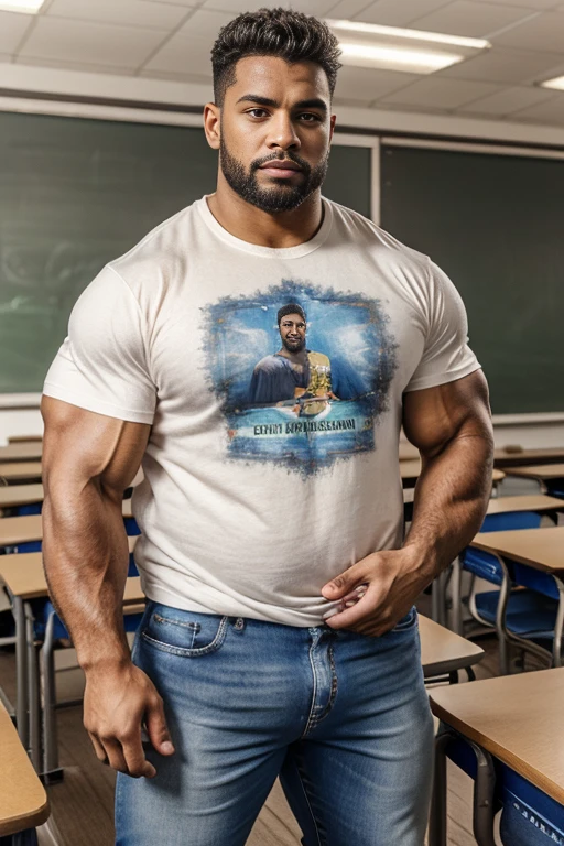 Handsome chubby bodybuilder (atractive macho, huge biceps, bíceps veiny, t-shirt, jeans) at classroom, hyper realistic, ultra realistic, 