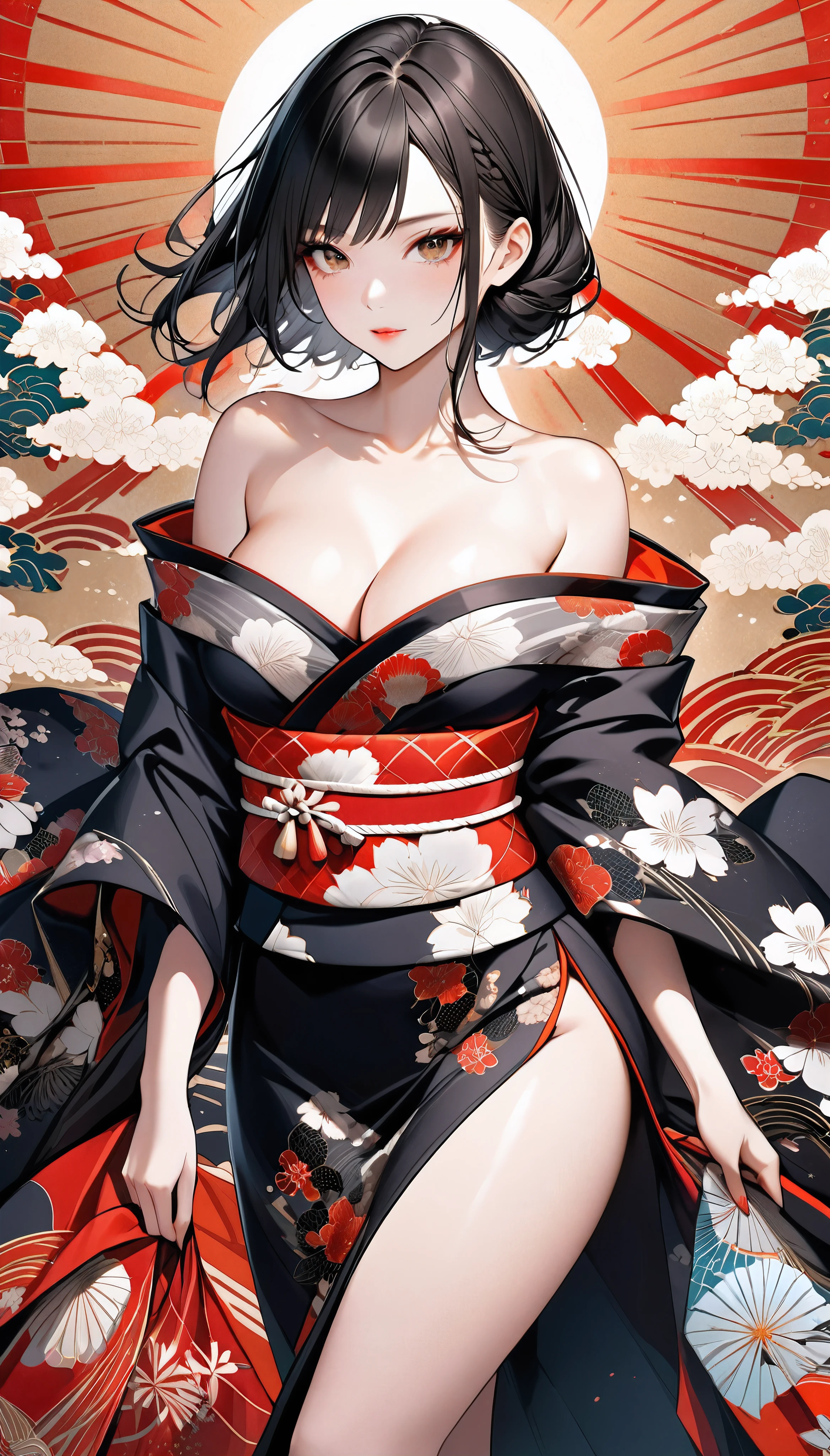 Attractive woman in traditional Japanese kimono, alone, Strapless off-shoulder kimono, Dark brownish black hair, Detailed and realistic skin texture, High contrast attractive skin tones, Captivating soft make-up, BREAK Luxury Japanese Kimono, Detailed silk texture, Silk luster, Fine and supple, Vibrant colors, Skin tension that accentuates cleavage, BREAK Gorgeous patterns on kimonos, Detailed and intricate coloring, Aesthetic high contrast, Healthy Skin, BREAK A bold composition that seduces the viewer, Absurd aesthetics, BREAK Rear shot,