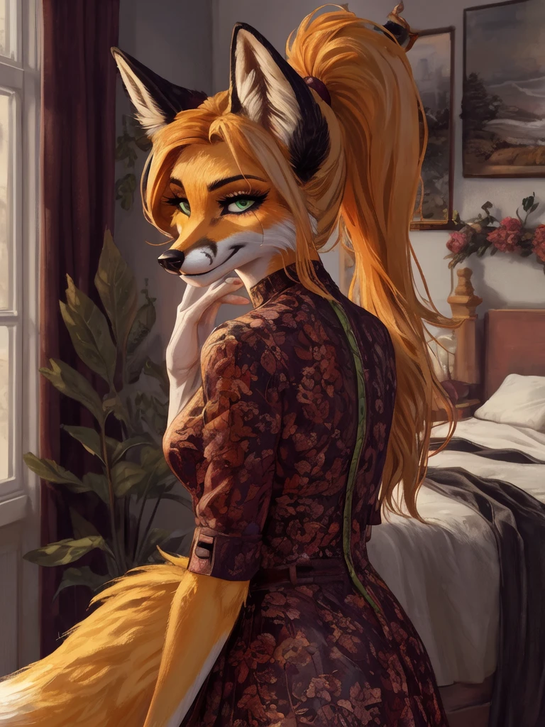 bedroom, Liz, fox girl, yellow fur, white countershading, green eyes, fox ears, animal nose, fox nose, black nose, fox tail, short snout, snout, black ear tips, fox anthro, furry female, furry, orange long_hair, eyelashes, black stripes on the cheeks, ponytail hair, standing, full body, lewd face
