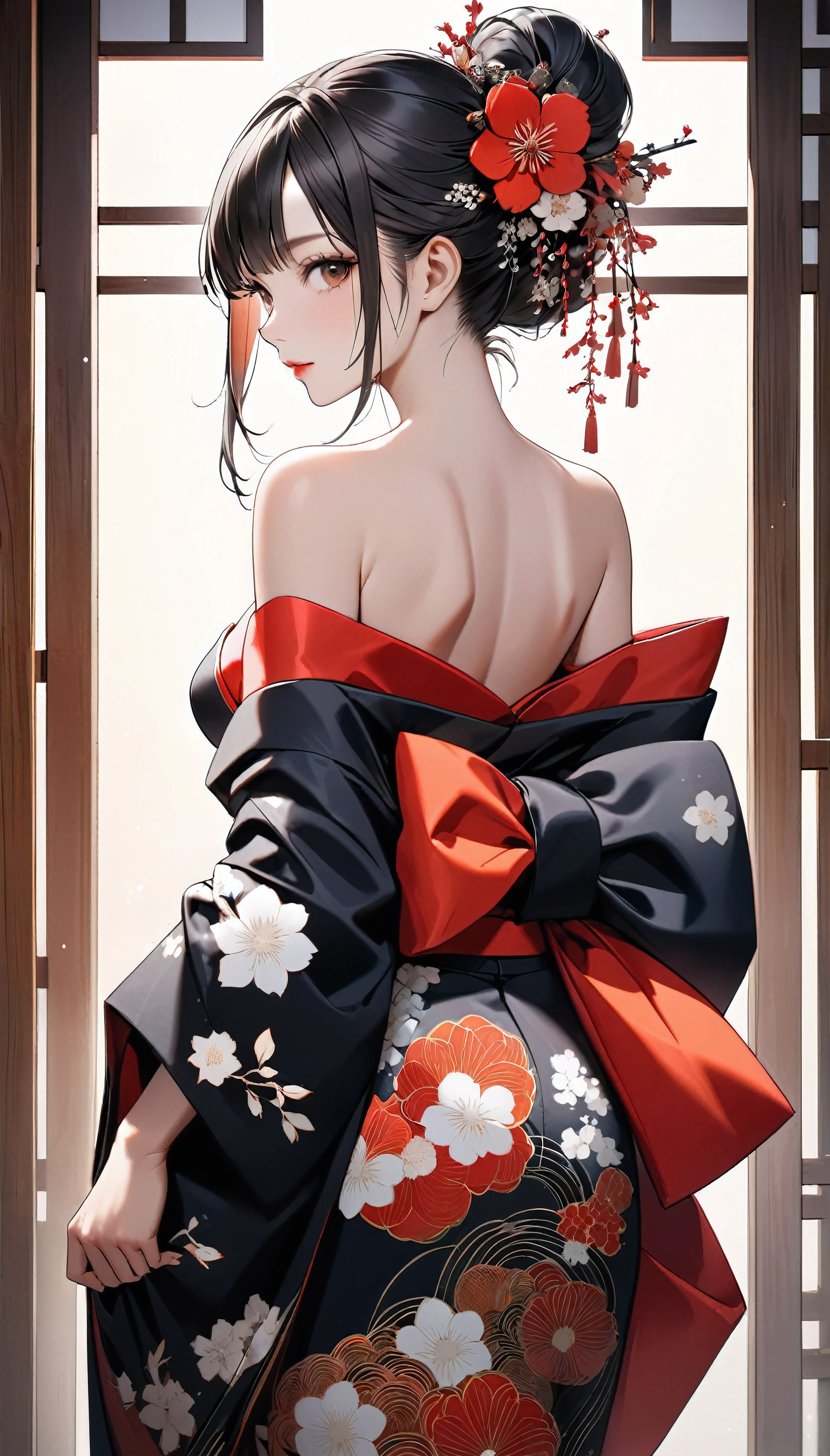 Attractive woman in traditional Japanese kimono, alone, Strapless off-shoulder kimono, Dark brownish black hair, Detailed and realistic skin texture, High contrast attractive skin tones, Captivating soft make-up, BREAK Luxury Japanese Kimono, Detailed silk texture, Silk luster, Fine and supple, Vibrant colors, Skin tension that accentuates cleavage, BREAK Gorgeous patterns on kimonos, Detailed and intricate coloring, Aesthetic high contrast, Healthy Skin, BREAK A bold composition that seduces the viewer, Absurd aesthetics, BREAK Full Body Shot, back of head,