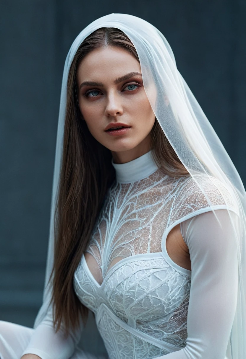 Fashionable of androgynous alien looking witch wearing veil, glowing eyes, beautiful evil slavic muscular woman, pale skin, long hair, futuristic design, minimal details, givenchy, photoreal, 200mm, hd, f/ 2.0, highly detailed, surreal, sitting, light smile, simple white stylish clothes, a slight smiledrop dead, in the style of red and blue, (intricate details, hyperdetailed:1.15) (skin texture:1.2), cinematic, professional, 4k, (((dynamic model pose))), sitting, full body, mesmerizing, dynamic, dramatic, dynamic pose, highly detailed skin with hair, subcutaneous veins, light and shadow play, highly detailed,24mm photograph, film, bokeh, professional, 4k,