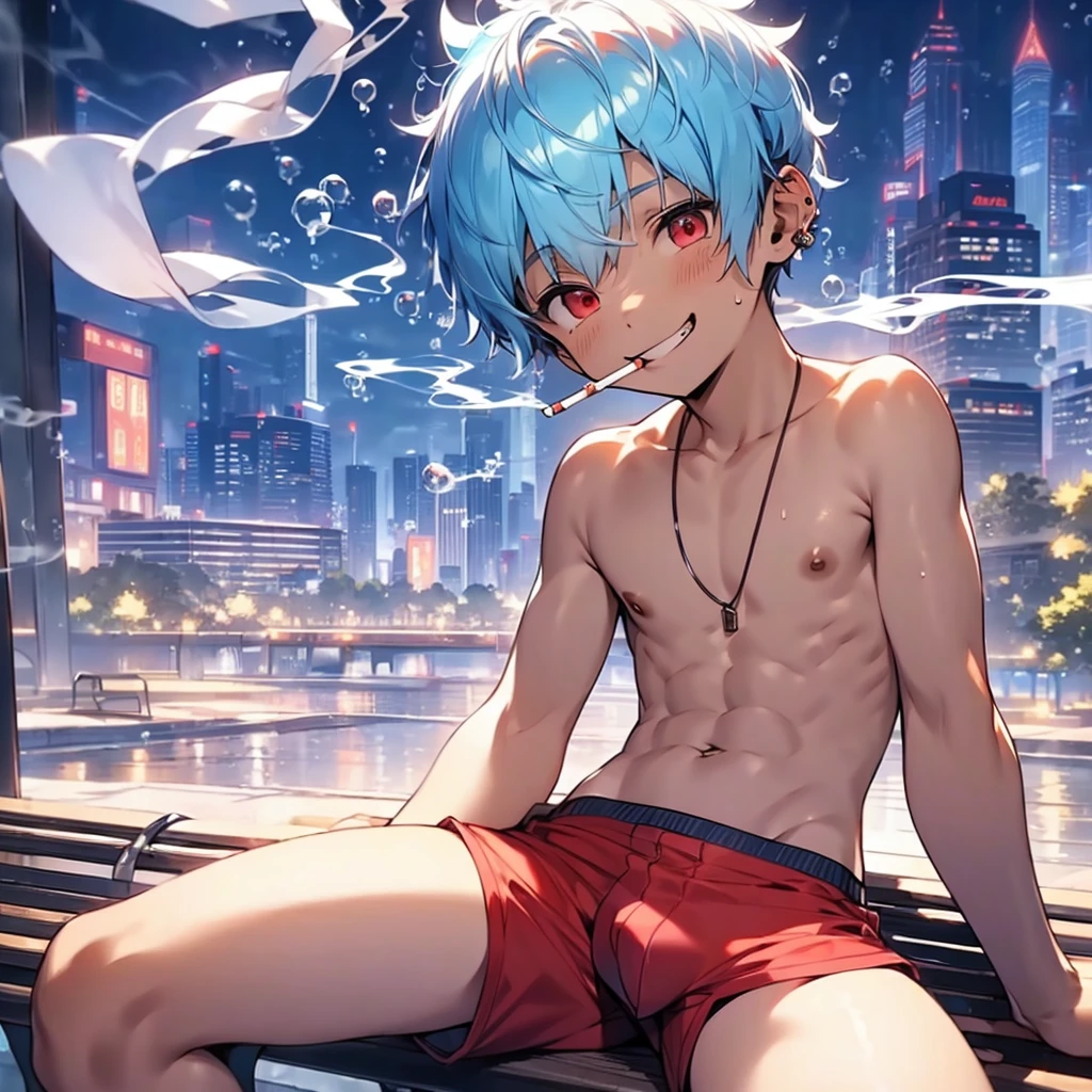 (solo:2), (boldline:-1.8), (smoking:1.6), (((bubble))), (sitting on bench:1.5), (spread legs:1.5), (((fang))), (((best finger))), BREAK (best quality:1.5), (absolutely resolution:1.5), (ultra detailed:1.5), (masterpiece:1.5), (perfect face), (detailed face), (detailed eyes), (best eyes), (cute face), (shota:2), BREAK (topless:1.5), BREAK (red short pants:1.5), (bulge:1.6), (skinny:1.3), (spiked hair), BREAK (light blue hair:1.5), (wine red eyes:1.4), (eyes with highlight:1.6), ((mole under eye)), (sweaty skin), (light skin), (grin:1.5), ((earrings)), (shiny skin:1.3), BREAK (garden), (building:1.5), (at twilight:1.5), ((wind blowing)), ((nipple)), (abs), (groin),