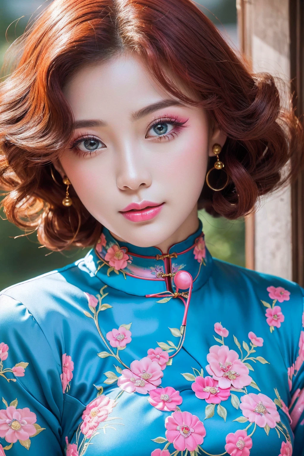 (best quality、4k、8k、highres、 masterpiece:1.2)、ultra detailed、(realistic、photorealistic)、(1woman:1.3 22-year-old). BREAK, ((Fujicolor、daytime soft lighting)、fashion supermodel、(red curly hair),. BREAK, (pink_makeup:1.25). BREAK, ((Classic and sexy (blue) cheongsam)、Detailed decoration:1.2)),. (Fitted clothing:1.3)、dynamic pose、(close-up of her face: 1.3), no decorations in the hair
