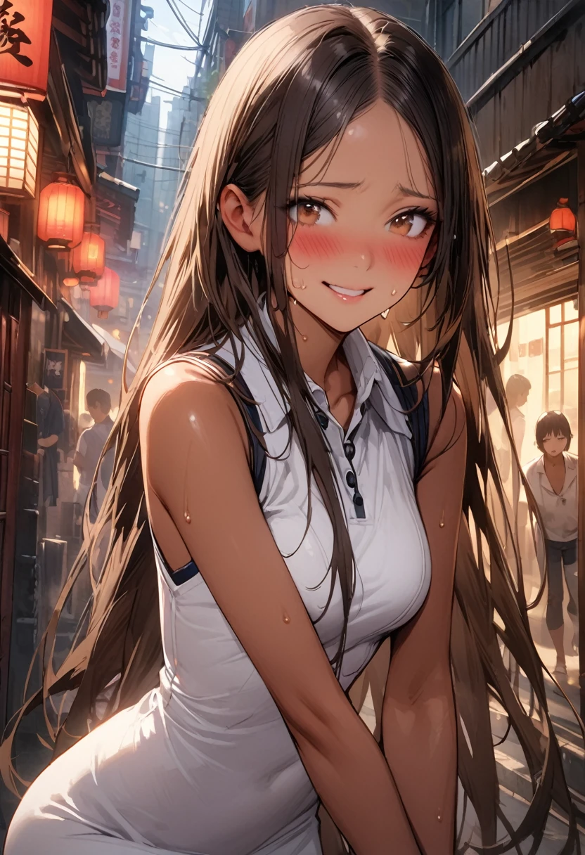 ((masterpiece,Highest quality:1.3,best quality illustration,realistic)),cowboy shot,独奏,1woman,(18-year-old、Japanese Beauty)、brown hair,long hair,center parted bangs,brown eyes,gorgeous eyes,((very small head:1.3)),blush,shy,smile,((very long body:1.2,skinny)),medium breasts,(tan skin:1.4), (gleaming skin,toned body,slender body),sweat,(White sleeveless polo dress),walk、Alley、Tokyo、
