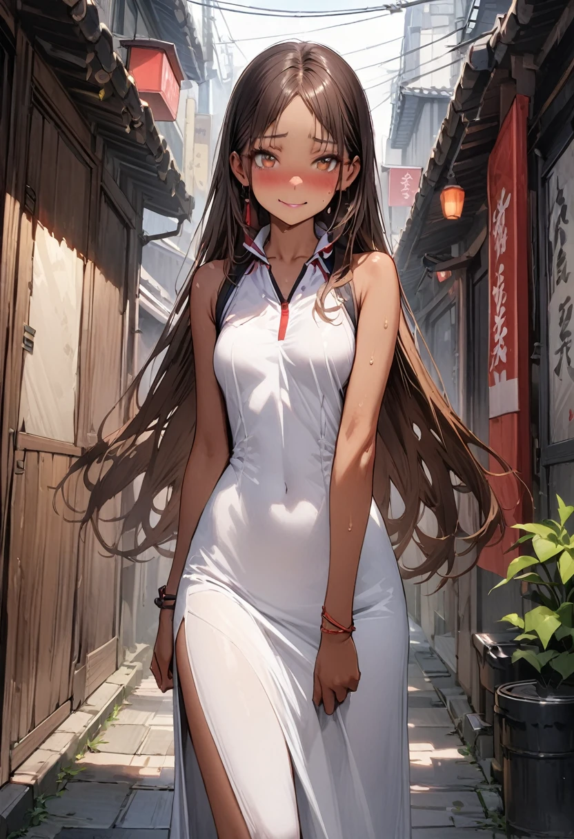 ((masterpiece,Highest quality:1.3,best quality illustration,realistic)),cowboy shot,独奏,1woman,(18-year-old、Japanese Beauty)、brown hair,long hair,center parted bangs,brown eyes,gorgeous eyes,((very small head:1.3)),blush,shy,smile,((very long body:1.2,skinny)),medium breasts,(tan skin:1.4), (gleaming skin,toned body,slender body),sweat,(White sleeveless polo mini dress),walk、Alley、Tokyo、