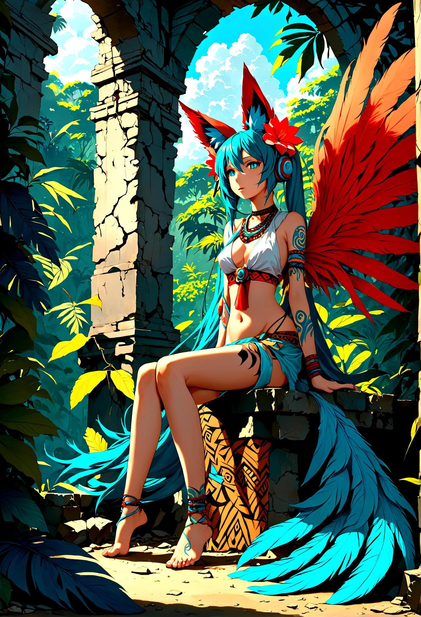 Miku Hatsune, add high definition add_detail:1, blue fur,kitsune ears, tribal tattoo add_detail:1, in a ruins in the jungle, barefoot, tribal costume add_details:1, giant aqua feather wings add_detailsl:1 ,alas hermosas la mejor calidad y detail en las plumas, add blue saturation light_detailsl 