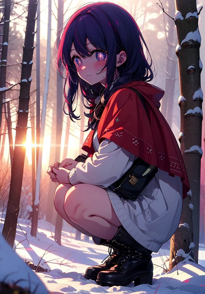 aihoshino, Ai Hoshino, Long Hair, bangs, (Purple eyes:1.1), Purple Hair, (Symbol-shaped pupil:1.5), smile,,smile,blush,White Breath,
Open your mouth,snow,Ground bonfire, Outdoor, boots, snowing, From the side, wood, suitcase, Cape, Blurred, , forest, White handbag, nature, Squat, Mouth closed, Cape, winter, Written boundary depth, Black shoes, red Cape break looking at viewer, Upper Body, whole body, break Outdoor, forest, nature, break (masterpiece:1.2), Highest quality, High resolution, unity 8k wallpaper, (shape:0.8), (Beautiful and beautiful eyes:1.6), Highly detailed face, Perfect lighting, Highly detailed CG, (Perfect hands, Perfect Anatomy),