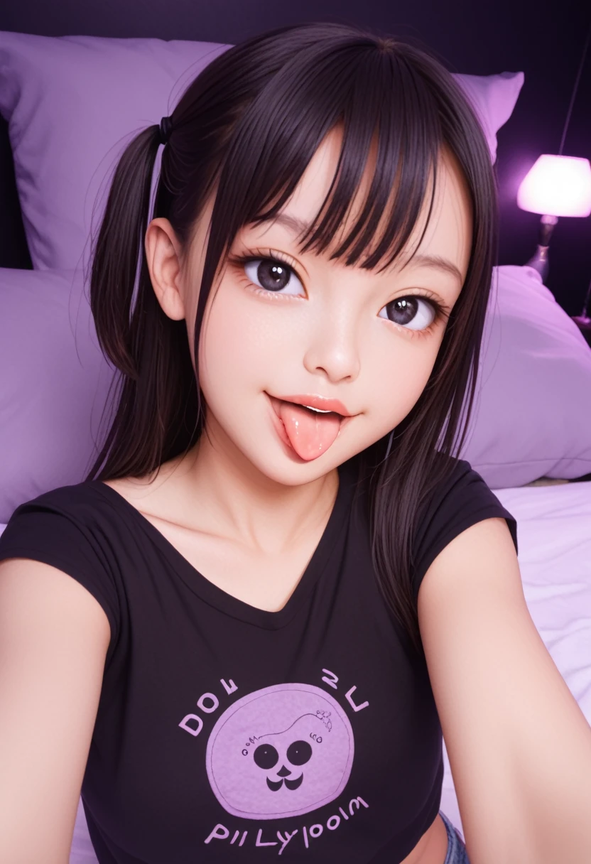 pastel colors t-shirt,off-shoulder look,bare shoulder,ollarbone,midriff peek,micro shorts,(open mouth:1.5),(tongue out:2),lying,Selfie,front view,upper body,(1girl,Beautiful 14 year old girl),((Slender,Small breasts,Small face,)),(looking at viewer),Black Hair,bangs,one side up,Beautiful and detailed,(Dimly lit room:1.5),Simple Background,White bed,pillow,Mischievous smile