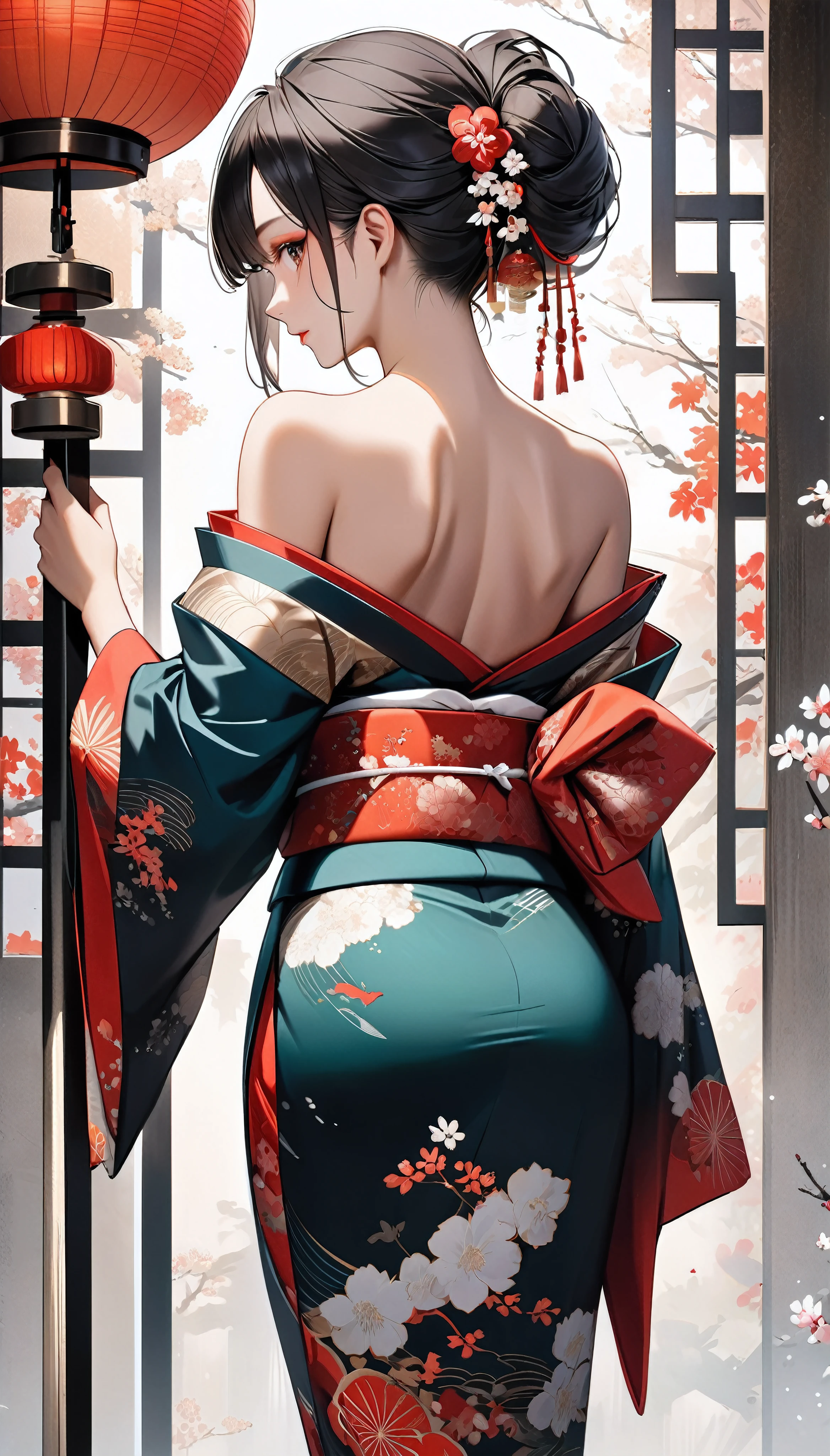 Attractive woman in traditional Japanese kimono, alone, Strapless off-shoulder kimono, Dark brownish black hair, Detailed and realistic skin texture, High contrast attractive skin tones, Captivating soft make-up, BREAK Luxury Japanese Kimono, Detailed silk texture, Silk luster, Fine and supple, Vibrant colors, Skin tension that accentuates cleavage, BREAK Gorgeous patterns on kimonos, Detailed and intricate coloring, Aesthetic high contrast, Healthy Skin, BREAK A bold composition that seduces the viewer, Absurd aesthetics, BREAK Full Body Shot, back of head, 