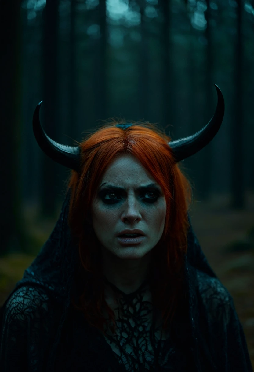 The woman, with red hair, orange eyes, black horns, hood, cry, sad, hurt, gloomy dark background, shrouded spirit, black horns, pinnacle, forest, cry, (intricate details, hyperdetailed:1.15) (skin texture:1.2), cinematic, professional, 4k, (((dynamic model pose))), sitting, full body, mesmerizing, dynamic, dramatic, dynamic pose, highly detailed skin with hair, subcutaneous veins, light and shadow play, highly detailed,24mm photograph, film, bokeh, professional, 4k,