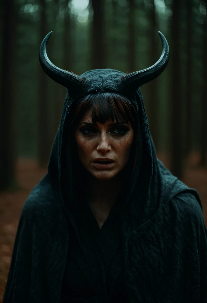 The woman, with red hair, orange eyes, black horns, hood, cry, sad, hurt, gloomy dark background, shrouded spirit, black horns, pinnacle, forest, cry, (intricate details, hyperdetailed:1.15) (skin texture:1.2), cinematic, professional, 4k, (((dynamic model pose))), sitting, full body, mesmerizing, dynamic, dramatic, dynamic pose, highly detailed skin with hair, subcutaneous veins, light and shadow play, highly detailed,24mm photograph, film, bokeh, professional, 4k,