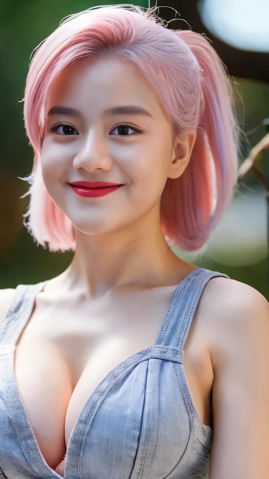 Masterpiece, Beautiful, Indonesian , 20 Years Old, red lipstick, sensual Lipstick, Sensational Make up, make up artist, Colossal Chest, White Skin, Pose, Cleavage, White Maid Outfit, Blue Eye, Muscles:1.3, Outdoor, Bokeh:1.3, pink Hair, Adorable, Smiling