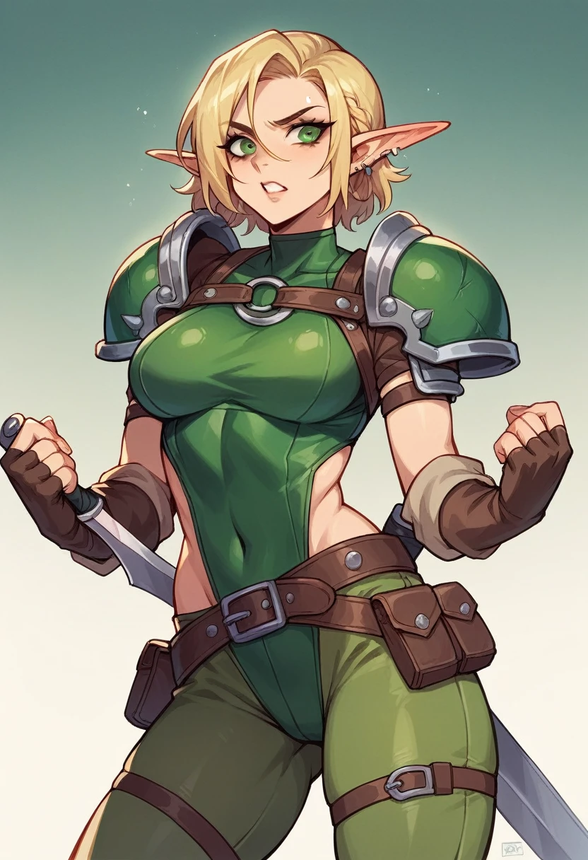 a (((small chested girl))) with ((muscular body)),faint six pack,wide hips,thick thighs,blonde hair,green eyes,medieval background,((light leather armor)),smiling,heavy blush,pigtails, ((longbow)) ((quiver with arrows))