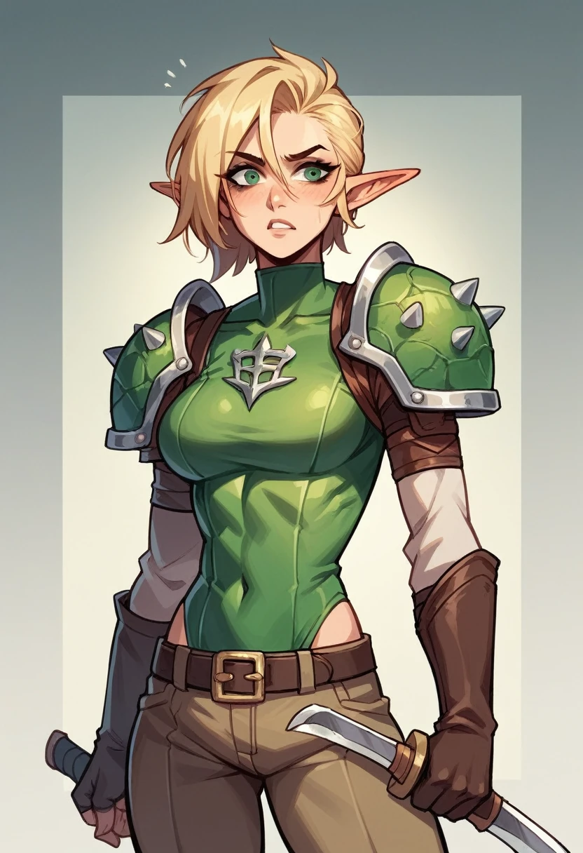 The 16-year-old elf heroine has striking blonde hair, which is gathered in a short tousled hairstyle around her face. Her slim build gives her a lithe and agile look, perfect for her rogue look. She is dressed in rough rogue clothing, complete with sleek and protective leather armor that hints at her readiness for any challenge. The gleam of the throwing knives strapped to her belt adds a dangerous edge to her youthful and energetic demeanor.