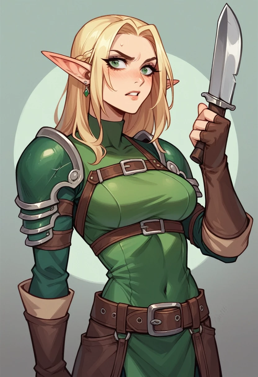 The 16-year-old elf heroine has striking blonde hair, which is gathered in a short tousled hairstyle around her face. Her slim build gives her a lithe and agile look, perfect for her rogue look. She is dressed in rough rogue clothing, complete with sleek and protective leather armor that hints at her readiness for any challenge. The gleam of the throwing knives strapped to her belt adds a dangerous edge to her youthful and energetic demeanor.