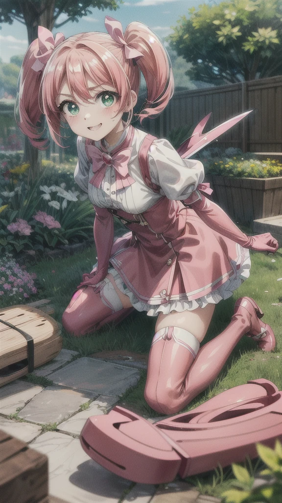 (masterpiece), best quality, (((ultra detailed, 8k quality))), expressive eyes, perfect face, perfect anatomy, perfect body, scene, haruka hanabishi, twintails, (green eyes:1.3), pink hair, smile,  garden, wariza, thighhighs, gloves, dress, bow, magical girl, pink gloves, full body, room, worth