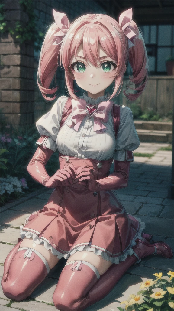 (masterpiece), best quality, (((ultra detailed, 8k quality))), expressive eyes, perfect face, perfect anatomy, perfect body, scene, haruka hanabishi, twintails, (green eyes:1.3), pink hair, smile,  garden, wariza, thighhighs, gloves, dress, bow, magical girl, pink gloves, full body, room, worth