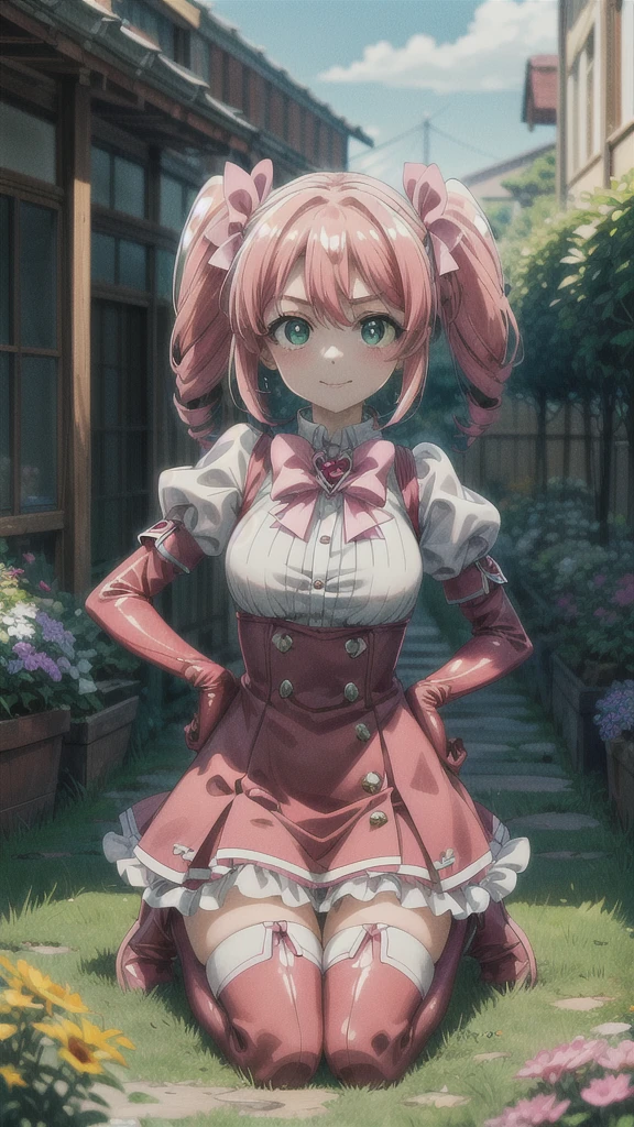 (masterpiece), best quality, (((ultra detailed, 8k quality))), expressive eyes, perfect face, perfect anatomy, perfect body, scene, haruka hanabishi, twintails, (green eyes:1.3), pink hair, smile,  garden, wariza, thighhighs, gloves, dress, bow, magical girl, pink gloves, full body, room, worth