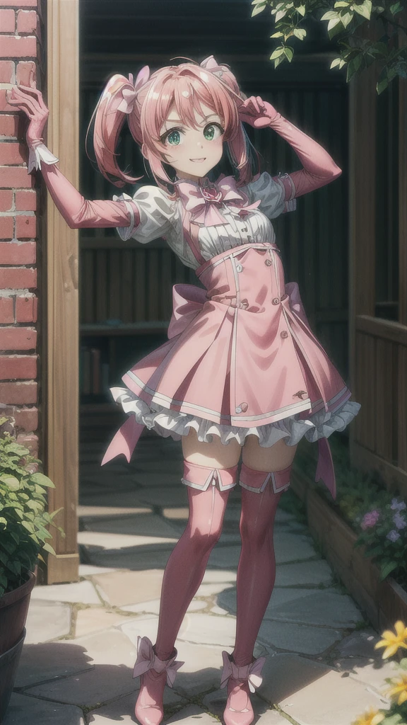 (masterpiece), best quality, (((ultra detailed, 8k quality))), expressive eyes, perfect face, perfect anatomy, perfect body, scene, haruka hanabishi, twintails, (green eyes:1.3), pink hair, smile,  garden, wariza, thighhighs, gloves, dress, bow, magical girl, pink gloves, full body, room, worth