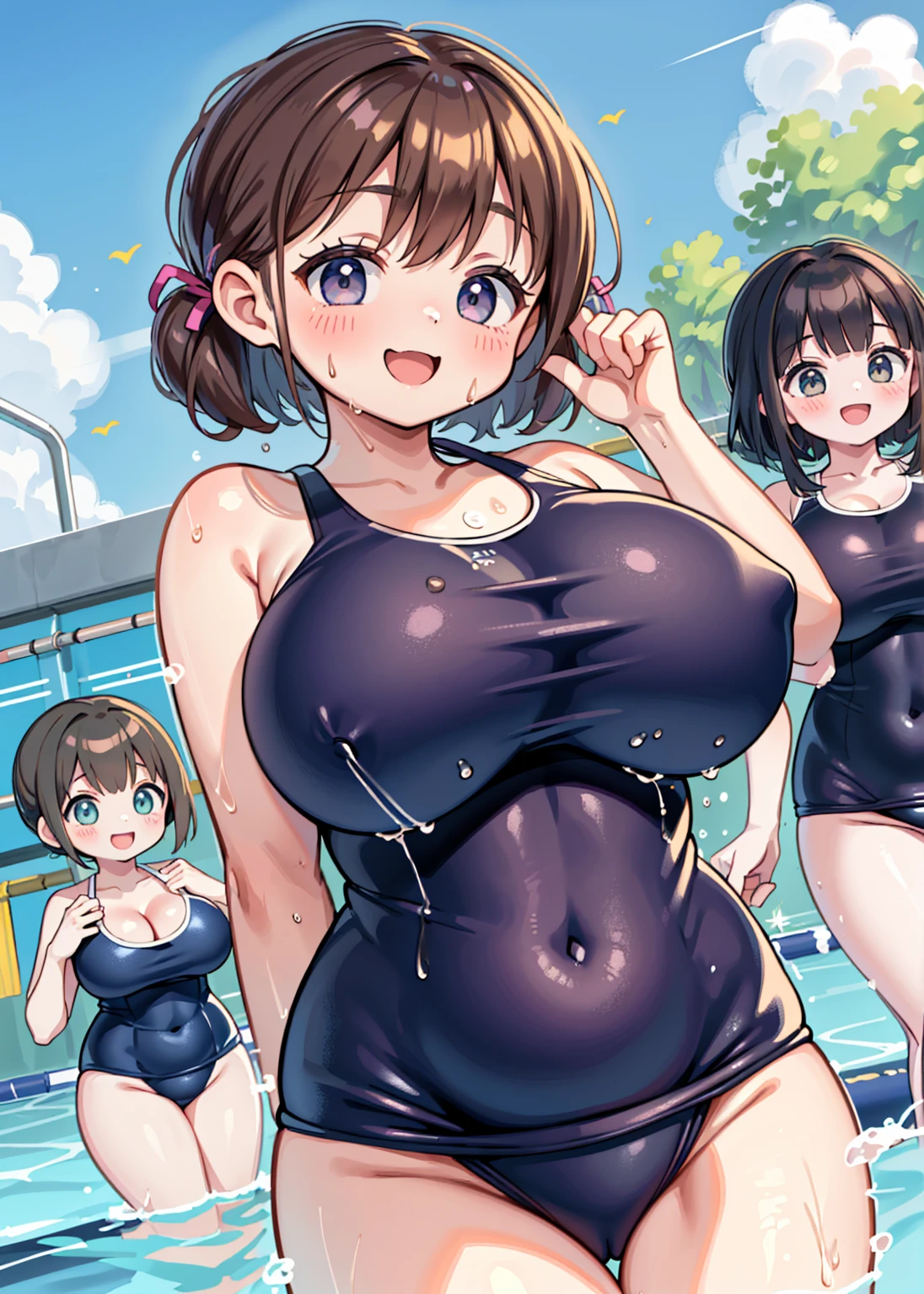 Highest quality、High resolution、Detailed Background、masterpiece、cute10代の美少女、Three Women、Navy school swimsuit、Brown Hair、Bobcut、Braided Ponytail、それぞれcute編み込みヘアスタイル、(Huge breasts:1.3)、Realistic images、Perfect body line、Thick thighs、Detailed face、
(Three beautiful girls in school swimsuits having fun in the school pool.:1.5)、
Splashing water、Happy expression、smile、open your mouth and smile、smile、Swimsuit that glows when wet、My whole body is wet、My hair is wet too、cute,NSFW、Pussy line