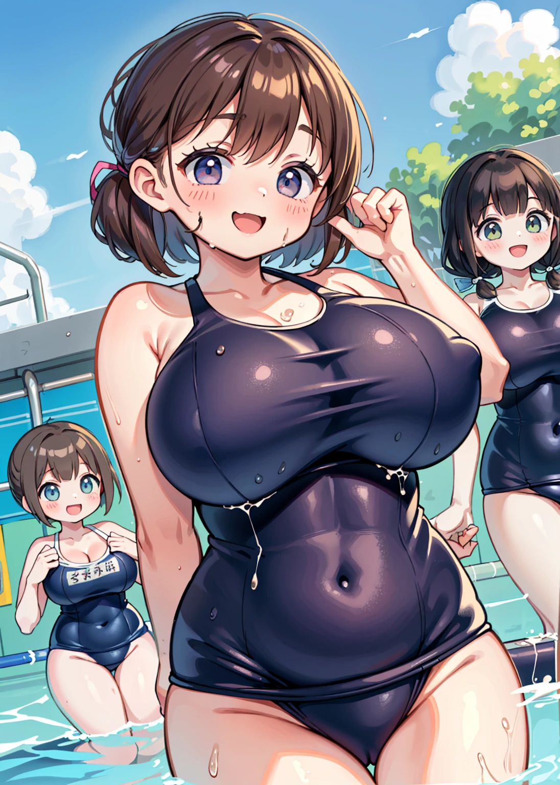 Highest quality、High resolution、Detailed Background、masterpiece、cute10代の美少女、Three Women、Navy school swimsuit、Brown Hair、Bobcut、Braided Ponytail、それぞれcute編み込みヘアスタイル、(Huge breasts:1.3)、Realistic images、Perfect body line、Thick thighs、Detailed face、
(Three beautiful girls in school swimsuits having fun in the school pool.:1.5)、
Splashing water、Happy expression、smile、open your mouth and smile、smile、Swimsuit that glows when wet、My whole body is wet、My hair is wet too、cute,NSFW、Pussy line