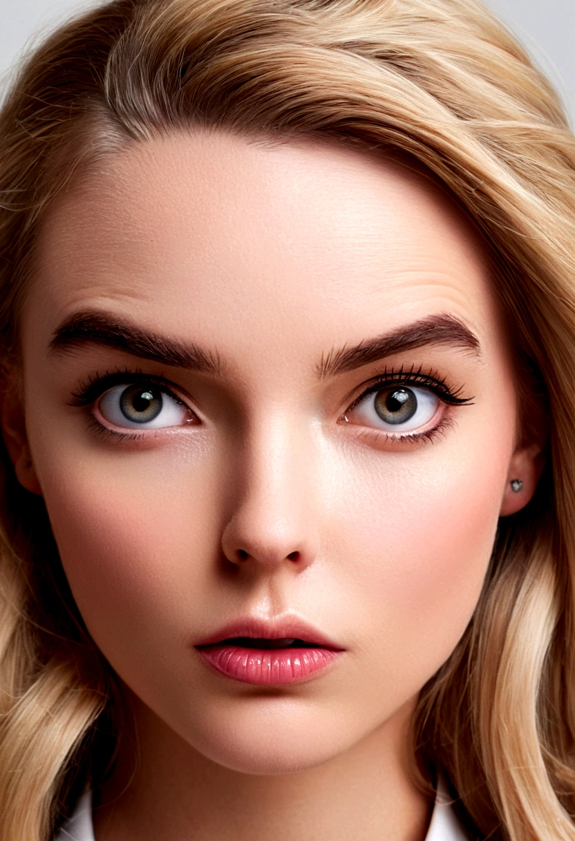 A close-up portrait of a beautiful, surprised-looking blonde woman. The woman's expressive, wide-open eyes are the central focus, conveying a sense of wonder or astonishment. The details of her facial features, such as her delicate skin, full lips, and arched eyebrows, are rendered with a high level of realism and clarity, further emphasizing the emotion and intensity of her surprised expression.