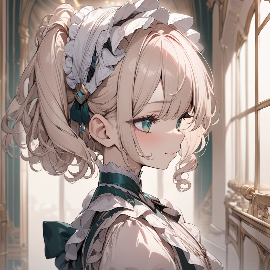 Platinum Blonde hair,curls,(emerald green eyes),long eyelashes,(light pink victorian dress),puffy short sleeves,frilled dress,frilly wide brimmed Bonnet with bows,bustshot,masterpiece,highress,soft smile,bishoujo,peterpan collar,profile,white accents,white trim,white frills,curly side ponytail,short hair,