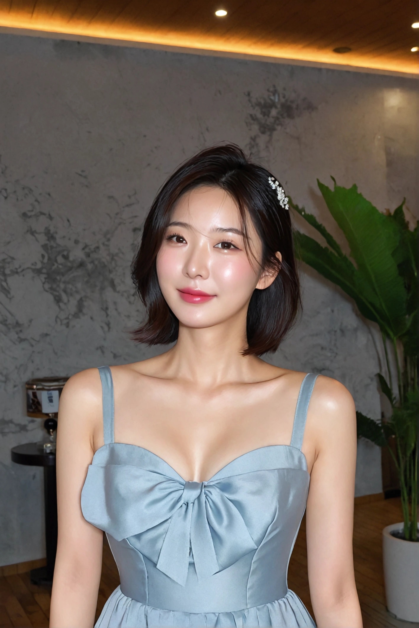 beautiful korean girl , 32 inch chest size, Your eyes are big and pretty. standing in the hotel lobby . short medium hair, dress that covers the chest. laugh, uhd