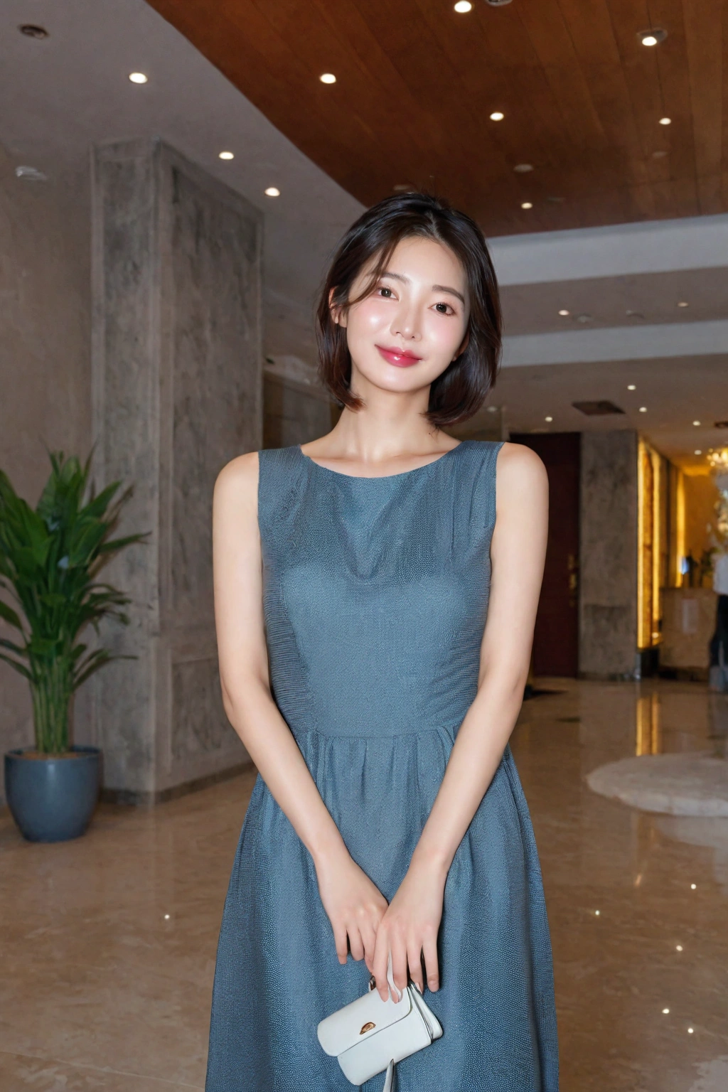 beautiful korean girl , 32 inch chest size, Your eyes are big and pretty. standing in the hotel lobby . short medium hair, dress that covers the chest. laugh, uhd