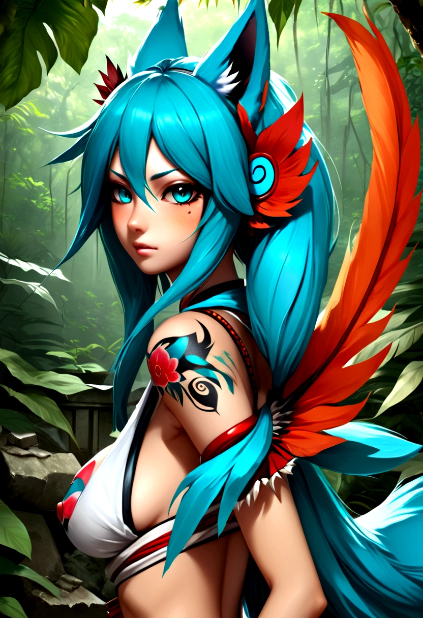 Miku Hatsune&#39;s kitsune, 9 tailed slut add high definition add_detail:1, blue fur,kitsune ears, tribal tattoo add_detail:1, in a ruins in the jungle, barefoot, tribal costume add_details:1, giant aqua feather wings add_detailsl:1 ,alas hermosas la mejor calidad y detail en las plumas, add blue saturation light_detailsl 